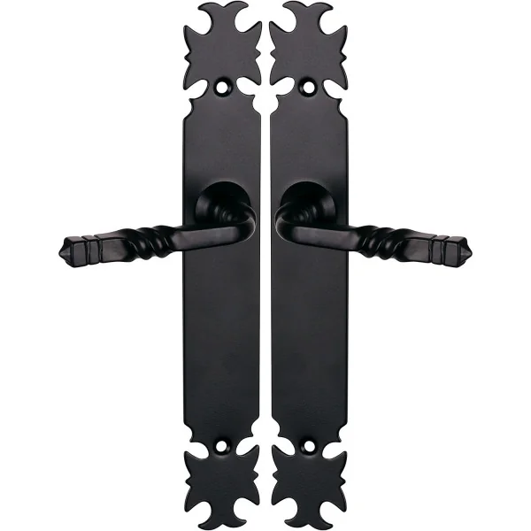 2 poignées de porte ARMORIQUE, Plaque fine minimaliste, Fer noir ou patiné entraxe 195 mm