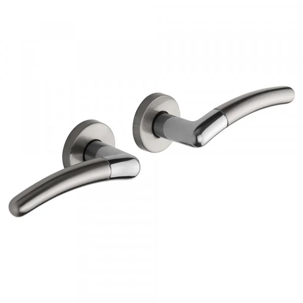 2 poignées de porte BABETTE, Rosace ronde, Laiton Nickel-Nickel mat