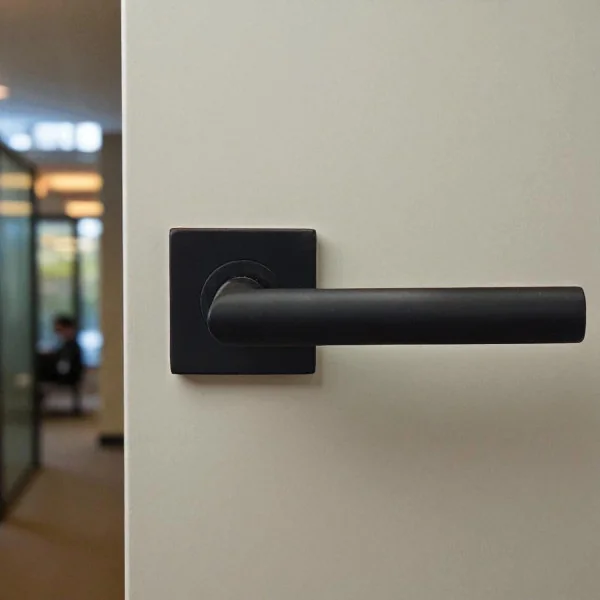 2 poignées de porte BRUNELLA, Rosace carrée, Ressort bidirectionnel, Inox noir mat