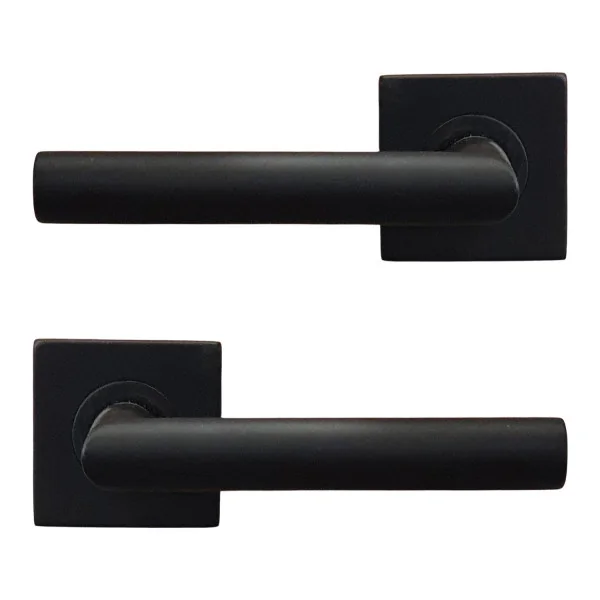 2 poignées de porte BRUNELLA, Rosace carrée, Ressort bidirectionnel, Inox noir mat