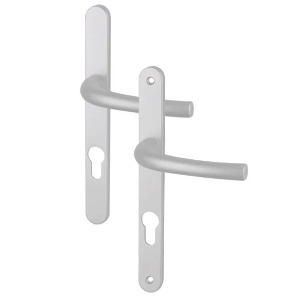 2 poignées de porte d'entrée trou cylindre ZÉNIA, plaque étroite, Aluminium argent entraxe 195 mm