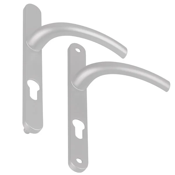 2 poignées de porte d'entrée trou cylindre ZÉNIA, plaque étroite, Aluminium argent entraxe 195 mm