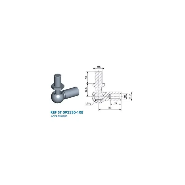 Cage à rotule avec rotule diamètre boule 10mm, rotule M8 (chape M6-Acier-25mm)
