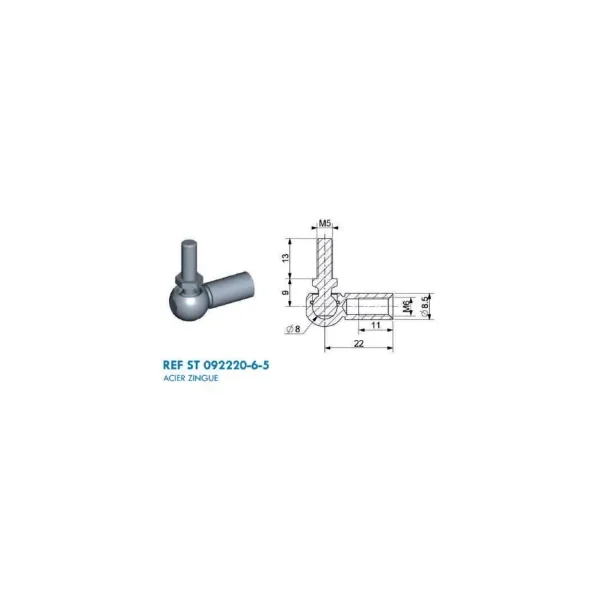 Cage à rotule avec rotule diamètre boule 8mm, rotule M5 (chape M6-Acier-22mm)