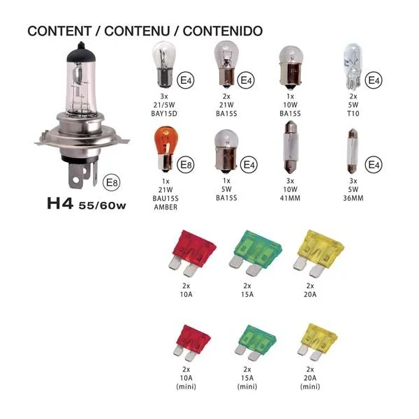 Coffret 16 ampoules H4 + 12 fusibles - Evo