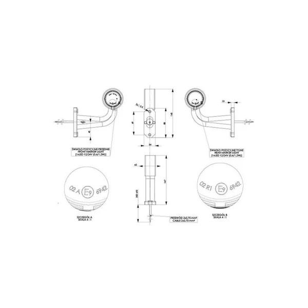 Feu de gabarit coudé arrière gauche bicolore LED 12/24V - IP66/IP68 - câble 18 cm