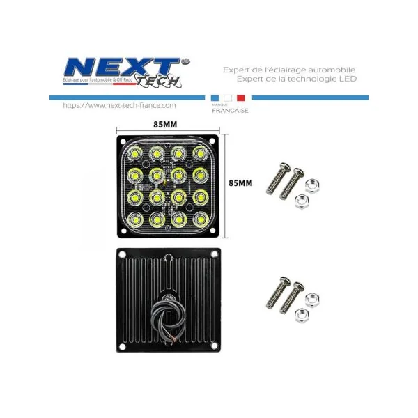 Feu de pénétration carré extra plat 12/24V 48W à 16 LEDS - Blanc