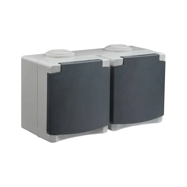 Prise double étanche horizontale en saillie 2P+T 230V gris